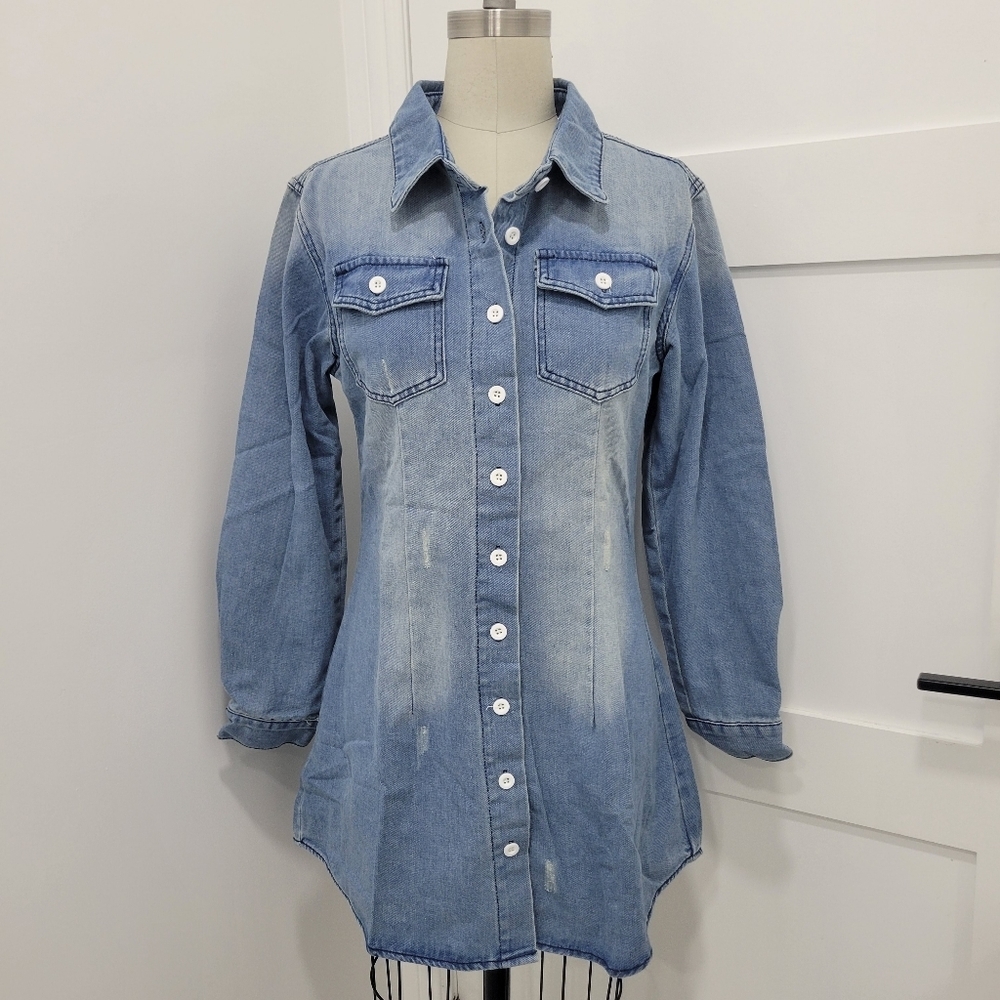 MISSLOOK Women's Long Sleeve Pocket Buttoned Distressed Denim Shirt Dress Size M